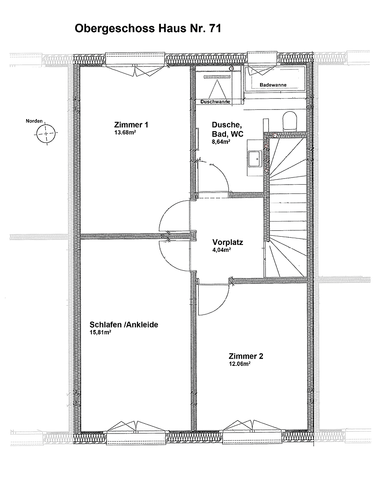Grundriss Obergeschoss Haus Nr. 71 in Heggidorn: Drei Zimmer, ein Bad mit Dusche und Badewanne sowie ein Vorplatz.